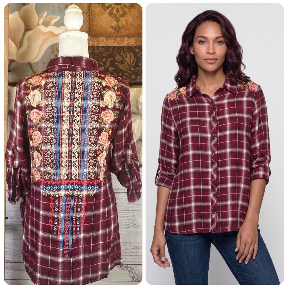 Andree by Unit Burgundy Plaid Embroidered Back Roll Tab Sleeve Shirt Small